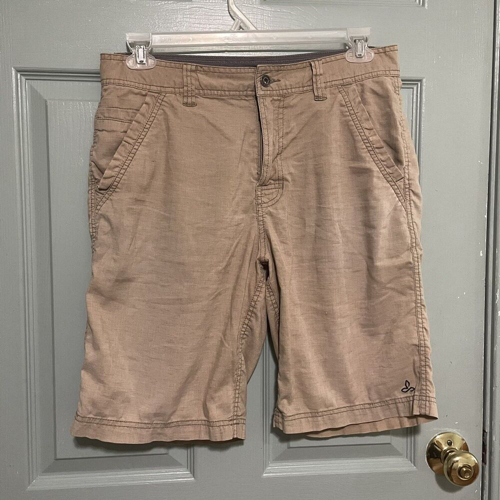 prAna Men's Size 32x10 Khaki Beige "Breathe" Casual Stretch Cargo Shorts Hemp